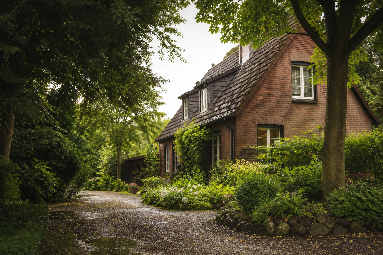 Generische KI-Illustration eines Hauses im Garten, ohne reale Hamminkelner Objektadresse